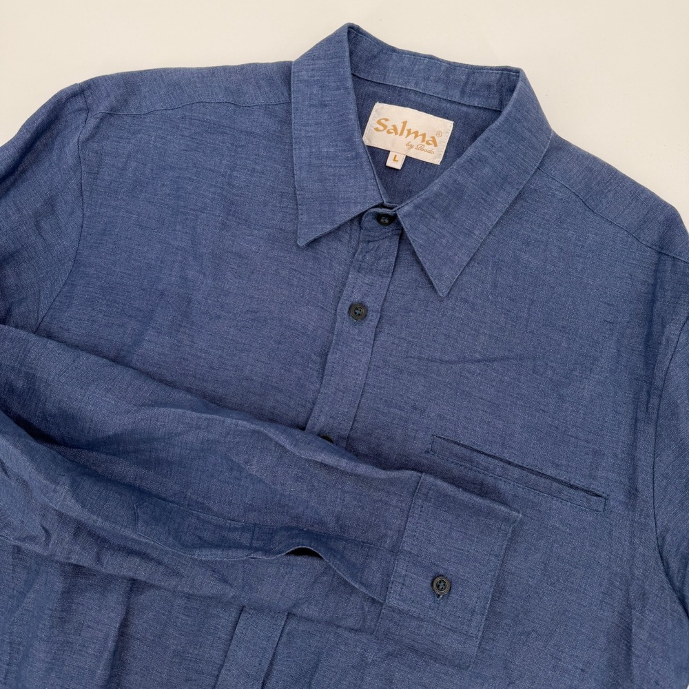Salma by Bodo Mens Blue 100% Linen Long Sleeve Button Down Shirt Large Mexico